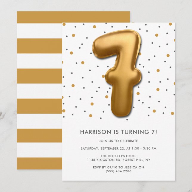 Invitación Globo de Relieve metalizado dorado moderno 7 cumpl (Anverso / Reverso)