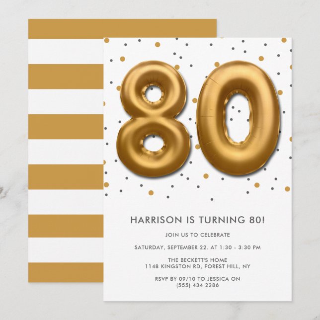 Invitación Globo de Relieve metalizado dorado moderno 80 cump (Anverso / Reverso)