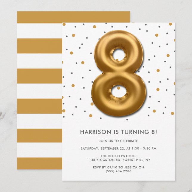 Invitación Globo de Relieve metalizado dorado moderno 8 cumpl (Anverso / Reverso)
