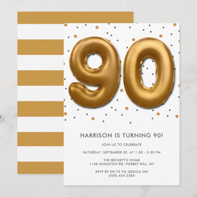 Invitación Globo de Relieve metalizado dorado moderno 90 cump (Anverso / Reverso)