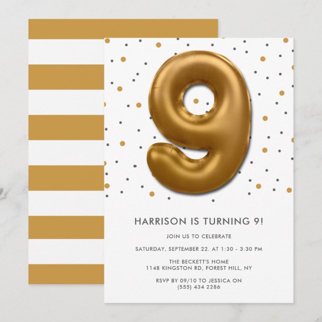 Invitación Globo de Relieve metalizado dorado moderno 9 cumpl (Anverso / Reverso)