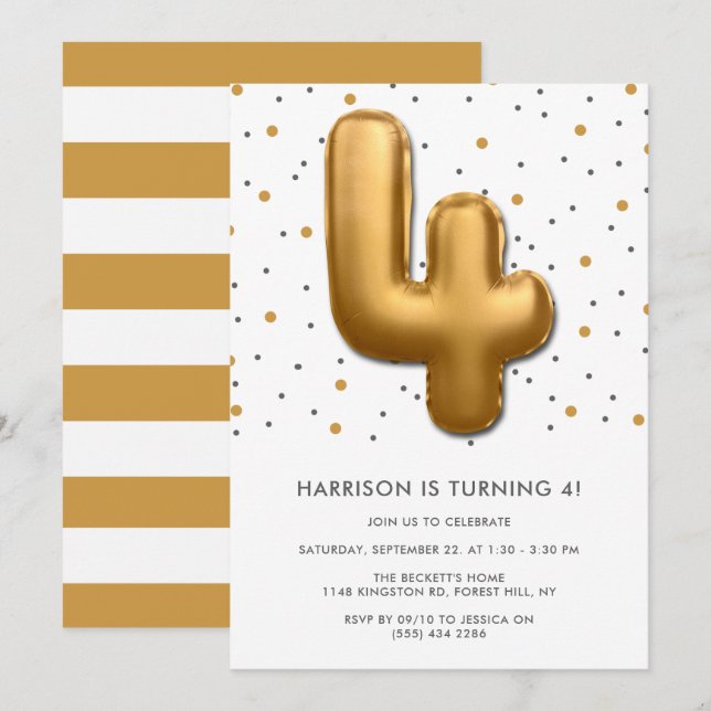 Invitación Globo de Relieve metalizado dorado moderno cuarto  (Anverso / Reverso)