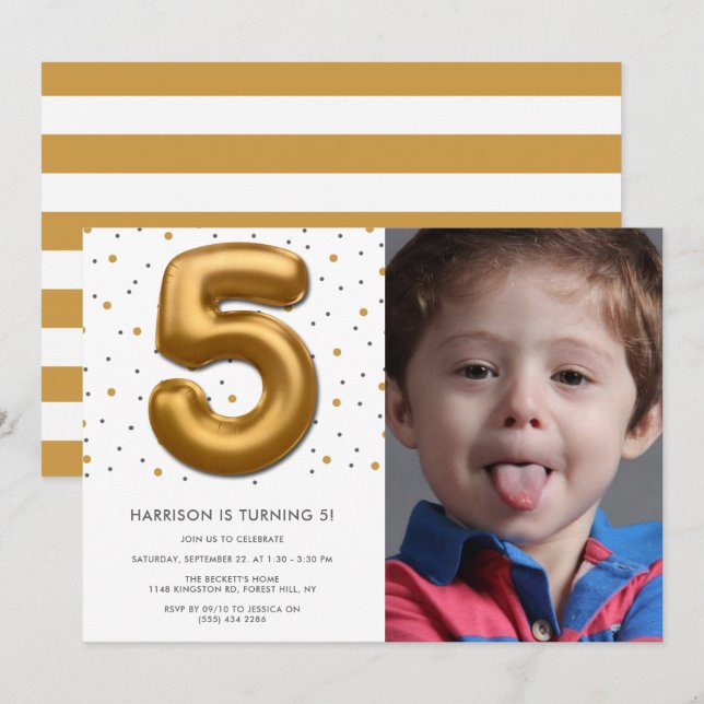 Invitación Globo de Relieve metalizado dorado moderno foto de (Anverso / Reverso)
