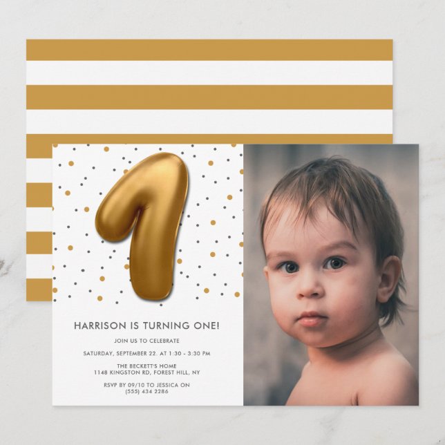Invitación Globo de Relieve metalizado dorado moderno foto de (Anverso / Reverso)