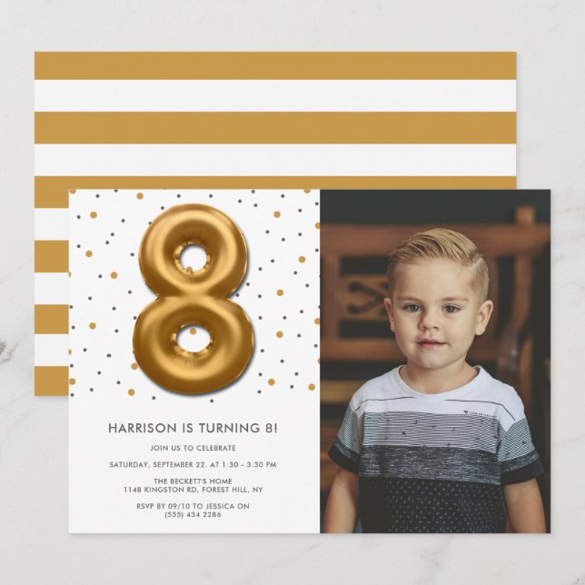 Invitación Globo de Relieve metalizado dorado moderno foto de (Anverso / Reverso)