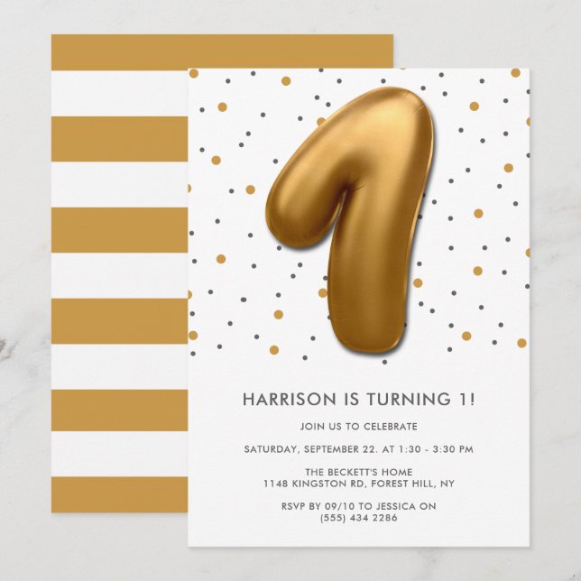 Invitación Globo de Relieve metalizado dorado moderno primer  (Anverso / Reverso)