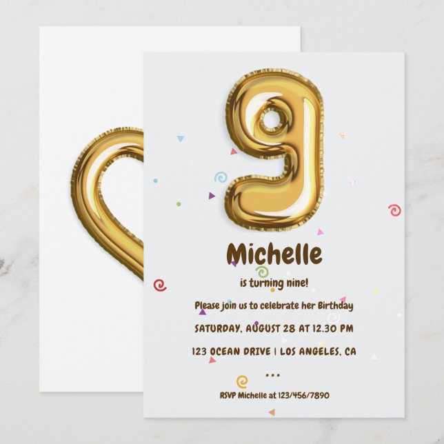 Invitación Globo de Relieve metalizado dorado y fiesta de cum (Anverso / Reverso)