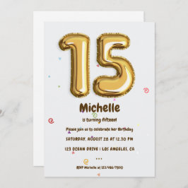 Invitación Globo de Relieve metalizado dorado y fiesta de cum