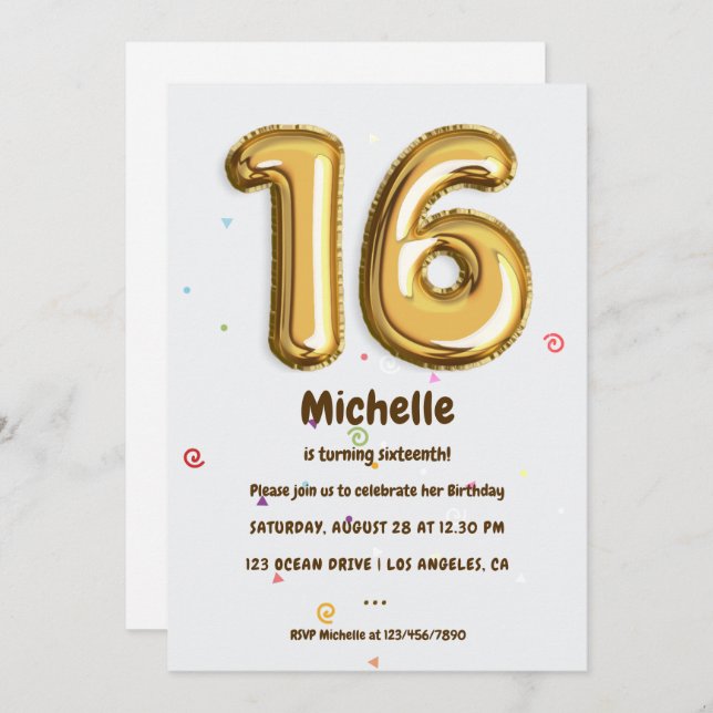 Invitación Globo de Relieve metalizado dorado y fiesta de cum (Anverso / Reverso)