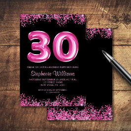 Invitación Globo de Relieve metalizado rosa negro Glam 30 Fie