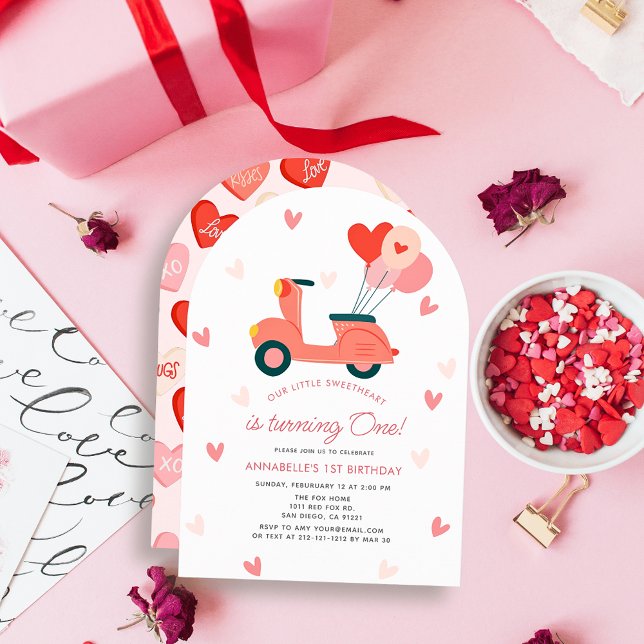 Invitación Globo de Scooter Rosa Querido Cumpleaños 1 año Niñ (Subido por el creador)