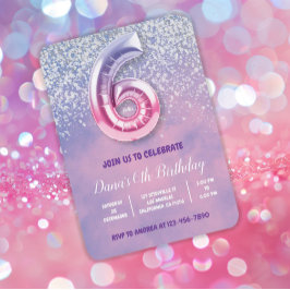 Invitación Globo de sexto cumpleaños morado y rosado