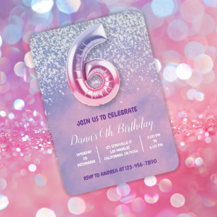 Invitación Globo de sexto cumpleaños morado y rosado