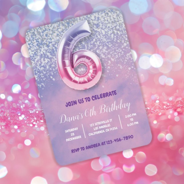 Invitación Globo de sexto cumpleaños morado y rosado (Subido por el creador)