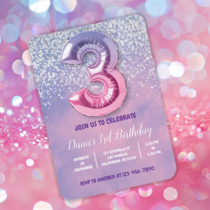Invitación Globo de tercer cumpleaños morado y rosado