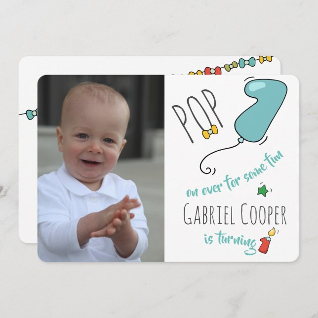 Invitación Globo dibujado mano colorida del cumpleaños de los (Anverso / Reverso)