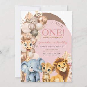 Invitación Globo dorado de cumpleaños de Wild One Girl con ru