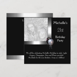 Invitación Globo Elegante Foto Negro Plateado Cumpleaños 21