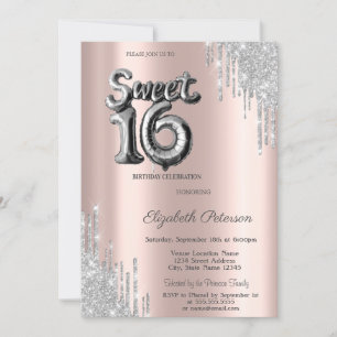 Invitación Globo Elegante Moderno de Plata con Goteo Dulce 16