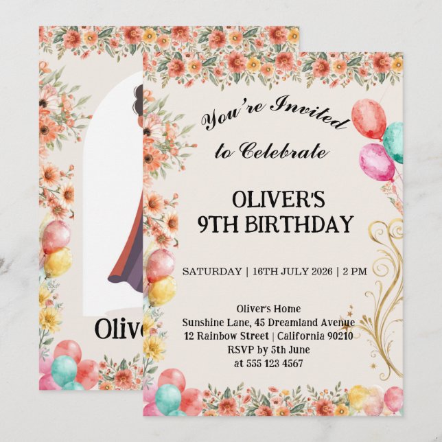 Invitación Globo Floral Cumpleaños (Anverso / Reverso)