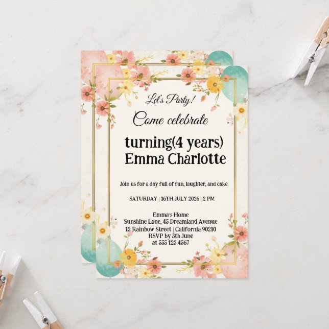 Invitación Globo Floral Cumpleaños (Anverso/Reverso In Situ)