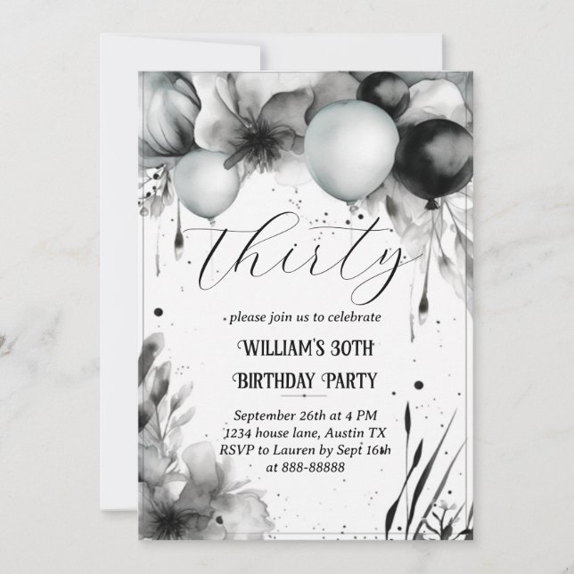 Invitación Globo floral de 30 años en blanco y negro (Anverso)