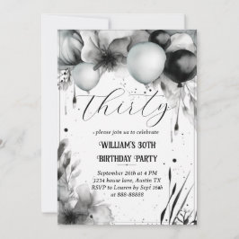 Invitación Globo floral de 30 años en blanco y negro