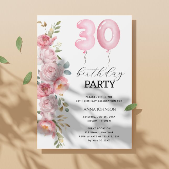 Invitación Globo floral Peony Rosa 30 Fiesta de cumpleaños (Subido por el creador)