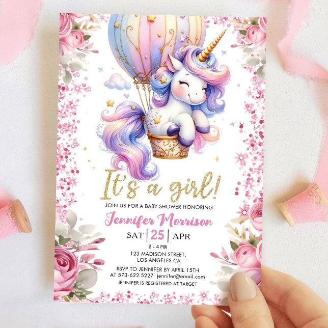 Invitación Globo floral rosa Chica Baby Shower de Unicornio (Subido por el creador)