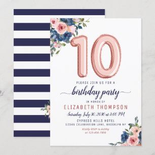 Invitación Globo floral Rosa Rubor Navy Gold