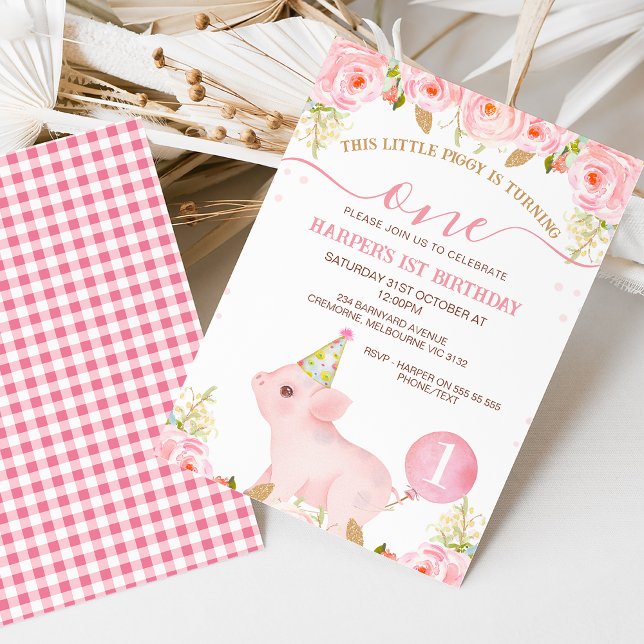 Invitación Globo floral rosado este pequeño cumpleaños (Sweet little piggy first birthday invitation featuring a cute pig wearing a party hat and balloon. )