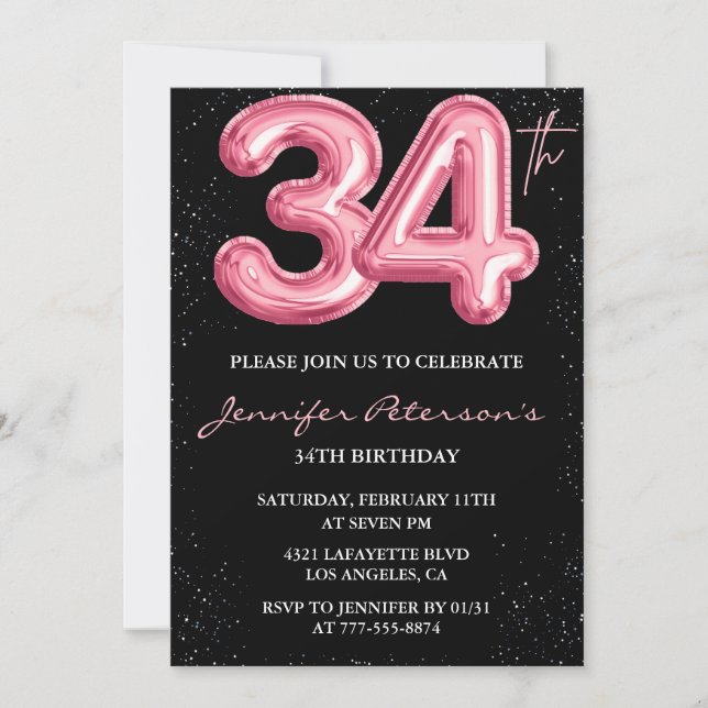 Invitación Globo glam negro rosa brillo cumpleaños 34 (Anverso)