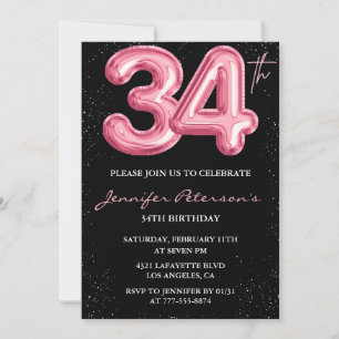 Invitación Globo glam negro rosa brillo cumpleaños 34