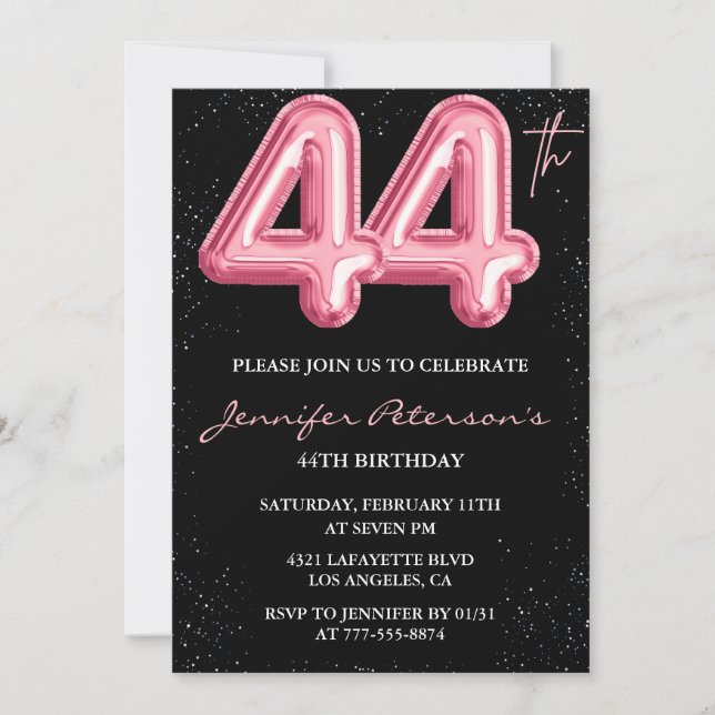 Invitación Globo glam negro rosa brillo cumpleaños 44 (Anverso)