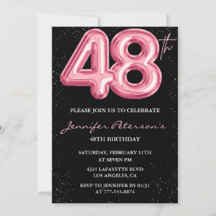 Invitación Globo glam negro rosa brillo cumpleaños 48