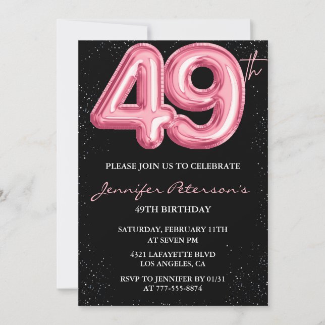 Invitación Globo glam negro rosa brillo Cumpleaños 49 (Anverso)
