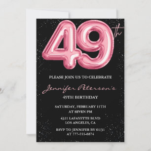 Invitación Globo glam negro rosa brillo Cumpleaños 49