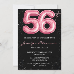 Invitación Globo glam negro rosa brillo cumpleaños 56