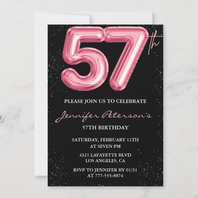 Invitación Globo glam negro rosa brillo cumpleaños 57 (Anverso)