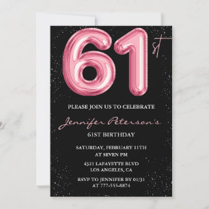 Invitación Globo glam negro rosa brillo cumpleaños 61