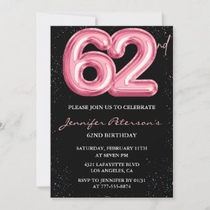 Invitación Globo glam negro rosa brillo cumpleaños 62