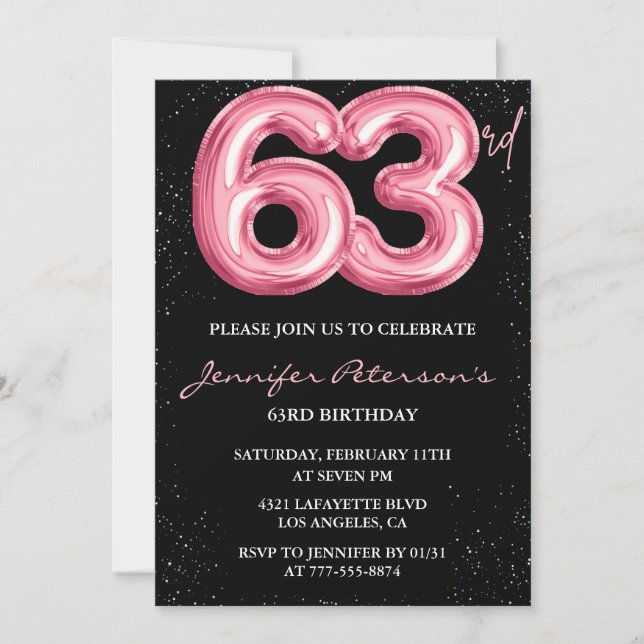 Invitación Globo glam negro rosa brillo cumpleaños 63 (Anverso)