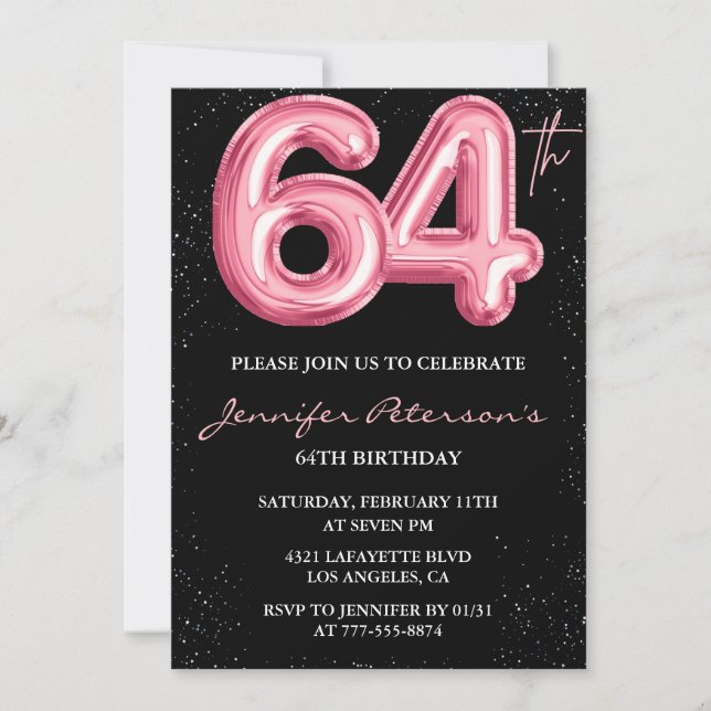 Invitación Globo glam negro rosa brillo cumpleaños 64 (Anverso)