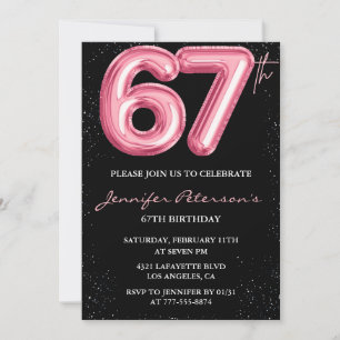 Invitación Globo glam negro rosa brillo cumpleaños 67