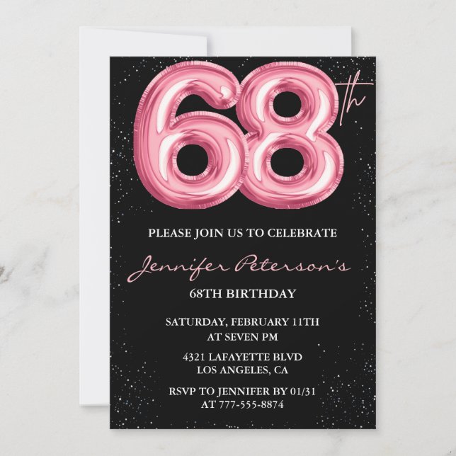 Invitación Globo glam negro rosa brillo cumpleaños 68 (Anverso)