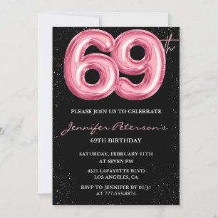 Invitación Globo glam negro rosa brillo cumpleaños 69