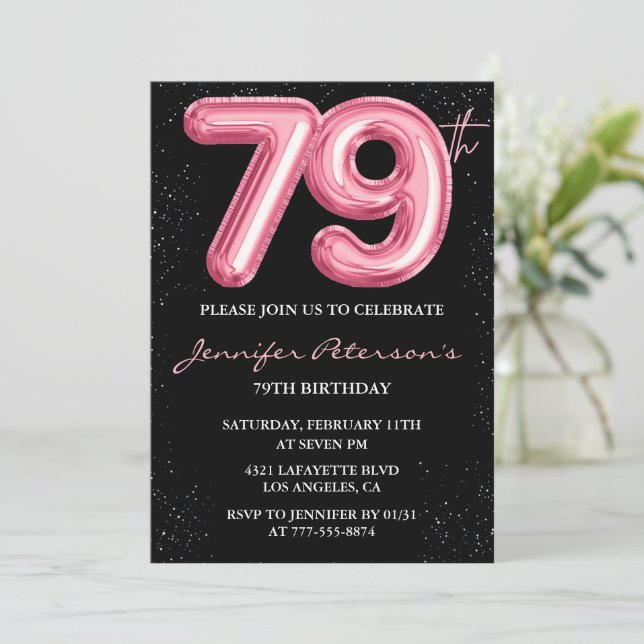 Invitación Globo glam negro rosa brillo cumpleaños 79 (Anverso de pie)