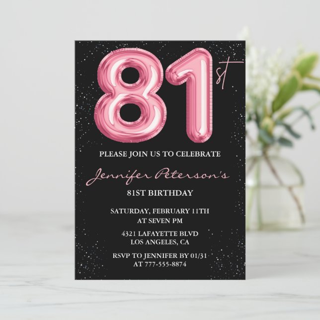 Invitación Globo glam negro rosa brillo cumpleaños 81 (Anverso de pie)
