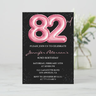 Invitación Globo glam negro rosa brillo cumpleaños 82