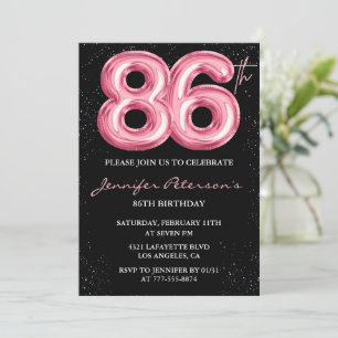 Invitación Globo glam negro rosa brillo cumpleaños 86